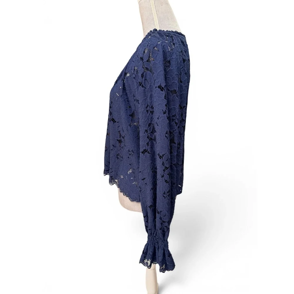 Free People Blouse Women S Navy Blue Lace Long Sleeve Smocked Cuff Scalloped Hem
